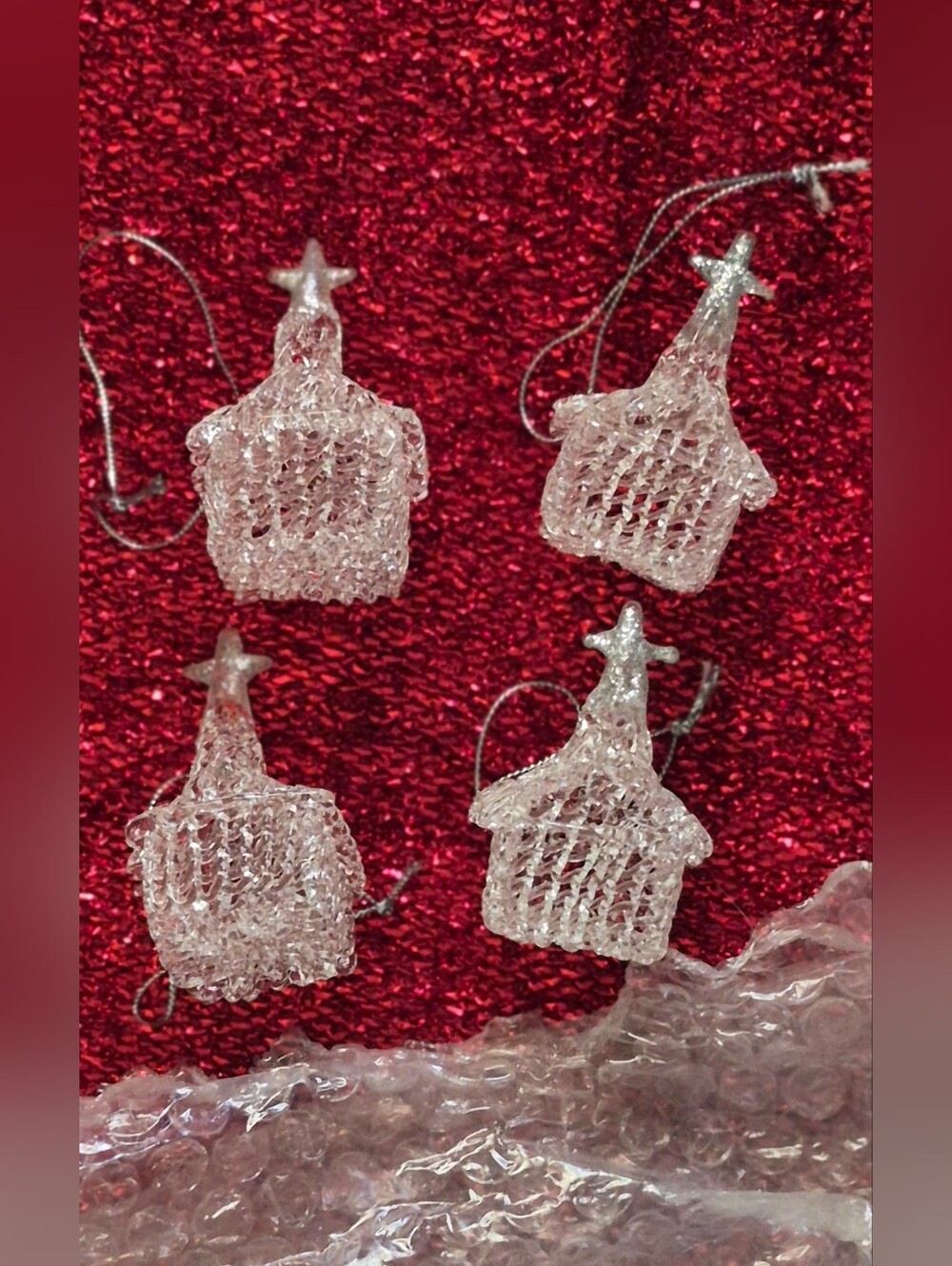 Clear Glitter Glass  Church Ornament Set - Holiday Home Decor